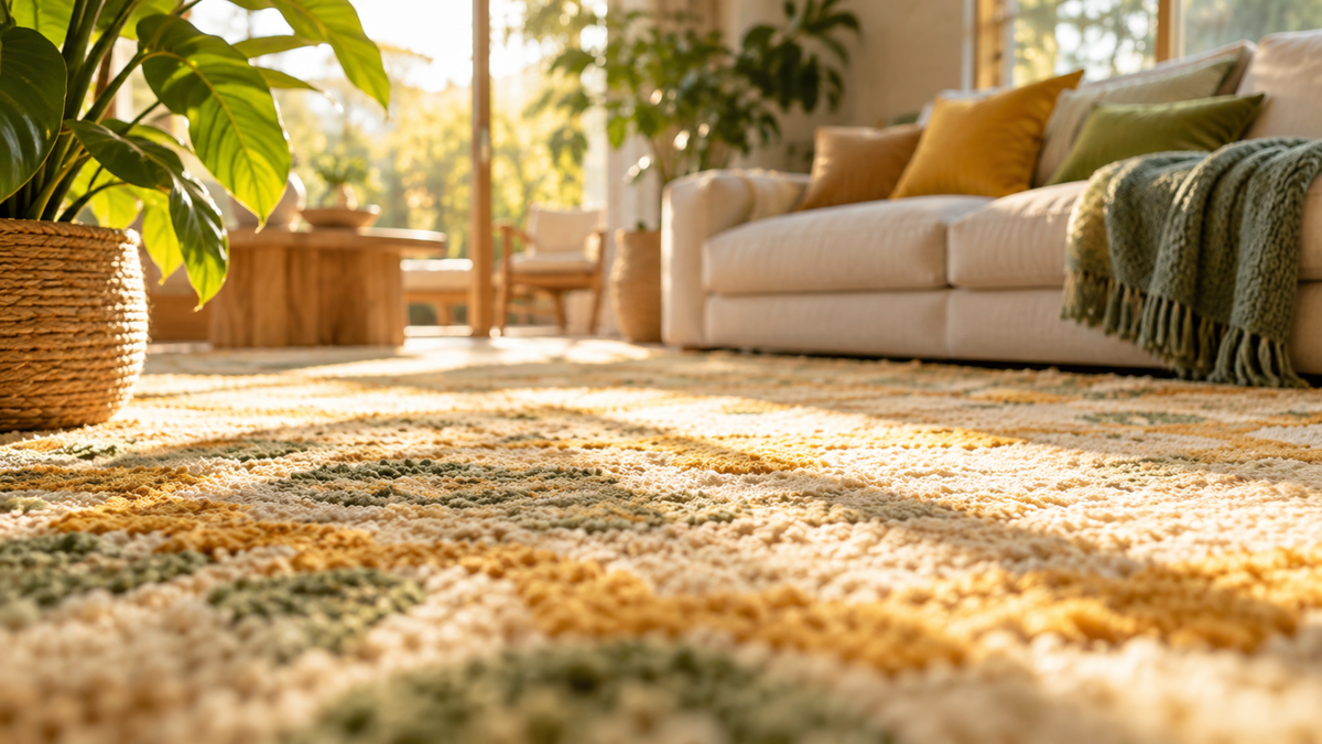 Sunlit living room with a textured area rug and a green plant.