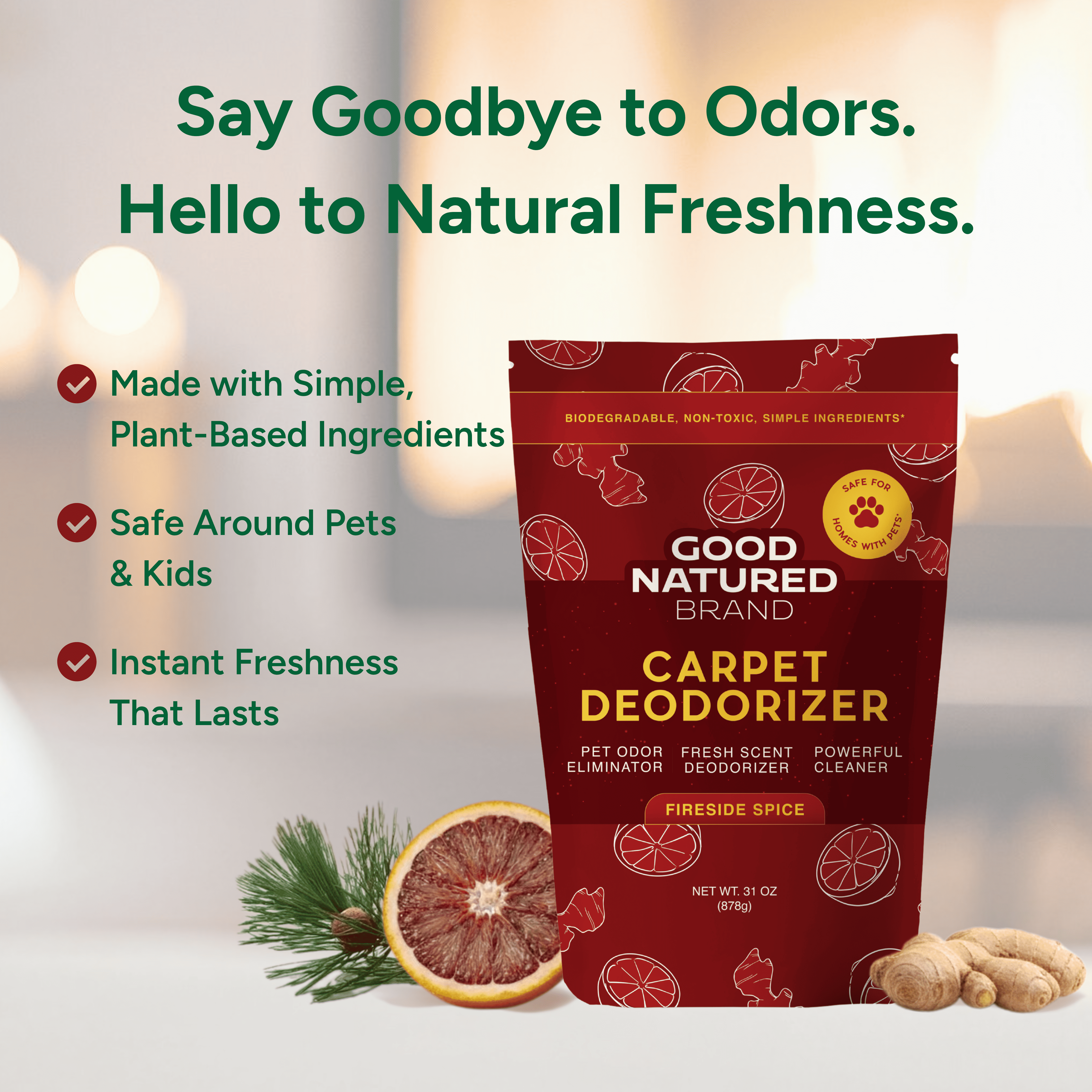 Good Natured Brand carpet deodorizer package with natural ingredients on a light background