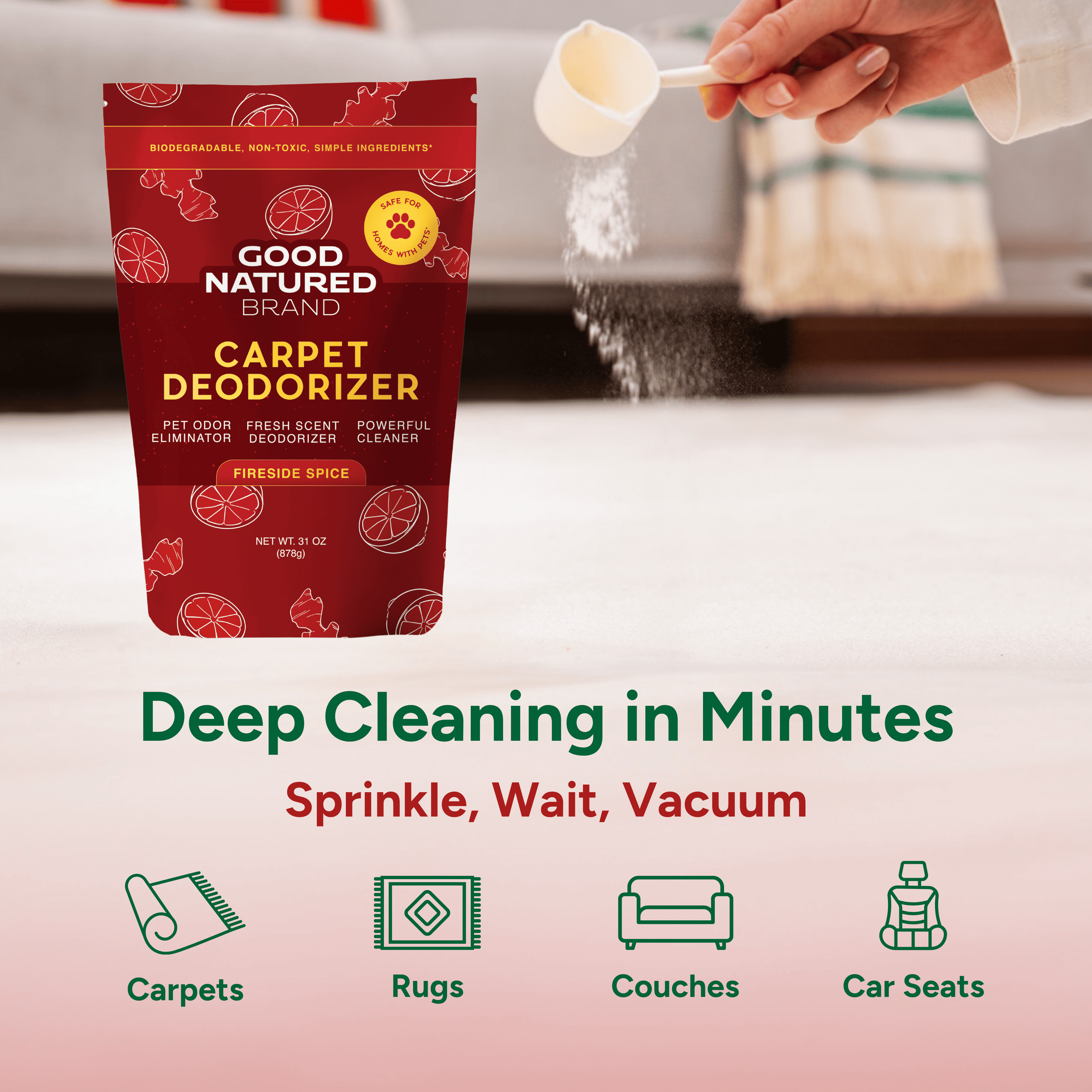 Good Natured Brand carpet deodorizer packaging with a hand sprinkling powder onto a surface.