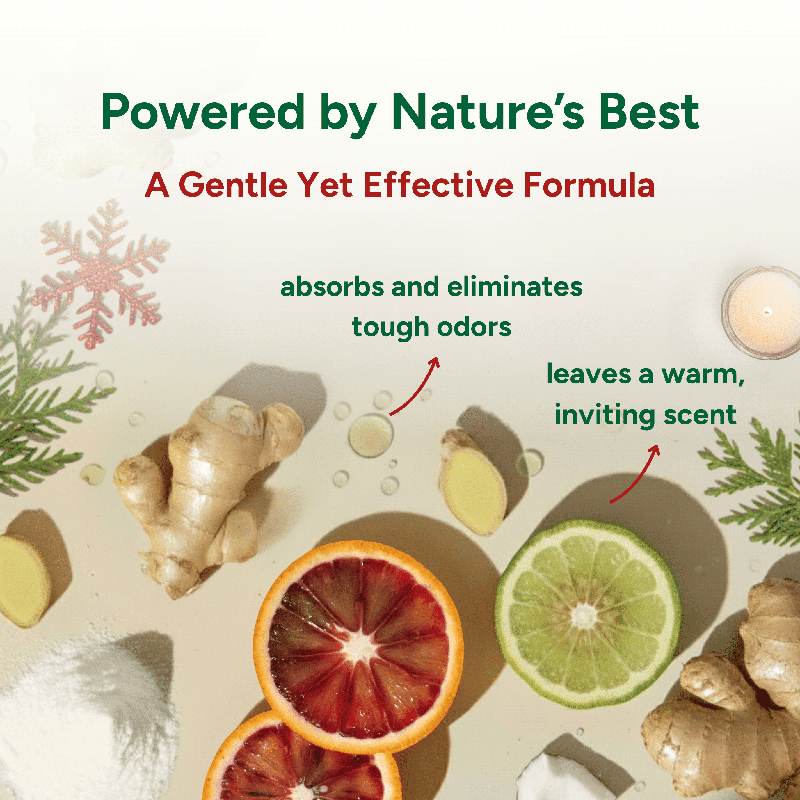 Product advertisement with ginger, citrus fruits, and snowflake, promoting a natural formula.