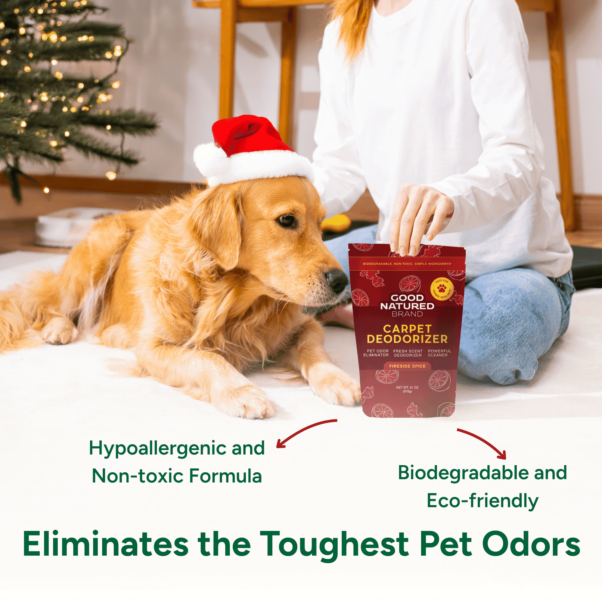 Dog wearing a Santa hat with a person holding Good Natured Carpet Deodorizer, Christmas tree in background