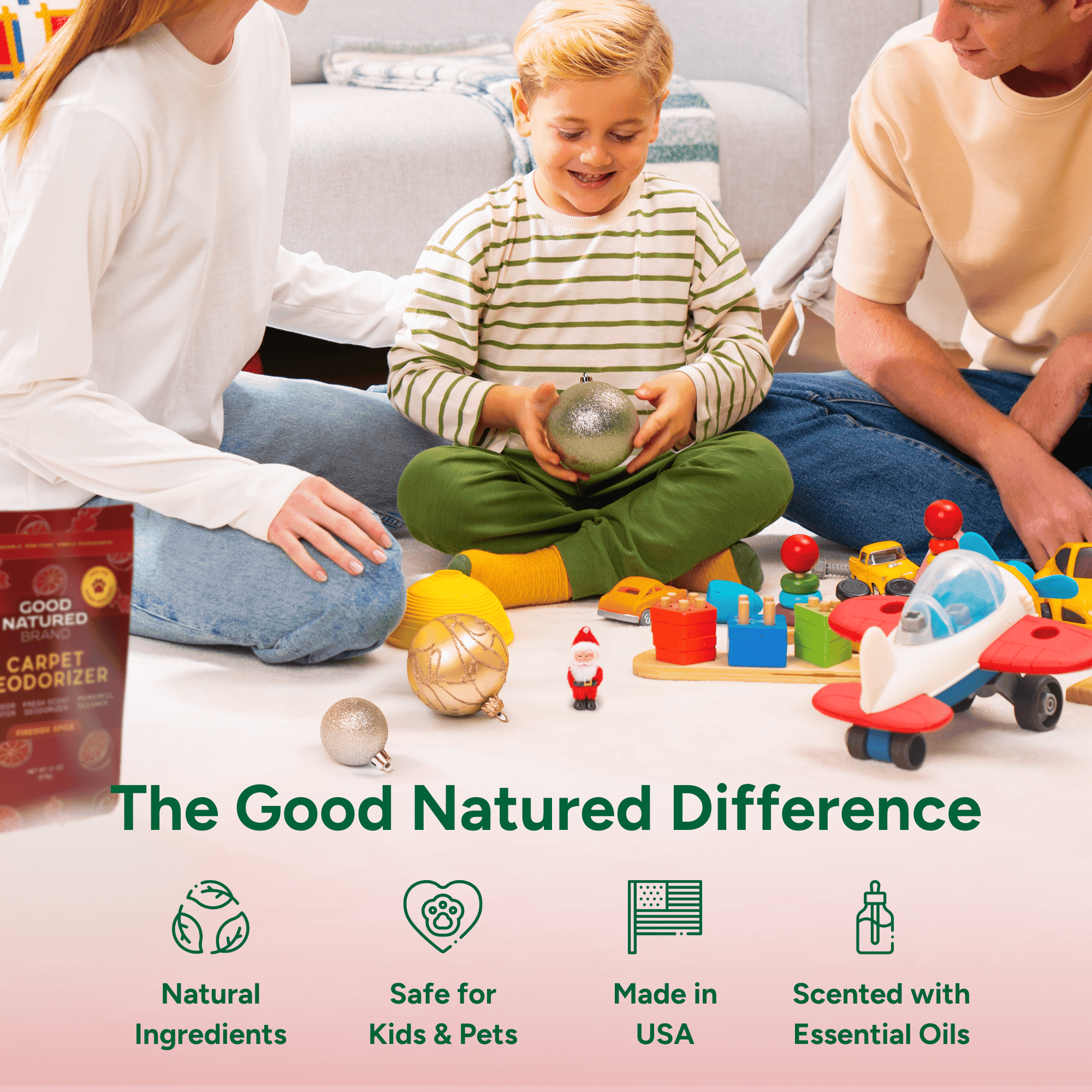Family playing with toys on the floor, with a product box labeled 'Good Natured' in the foreground.