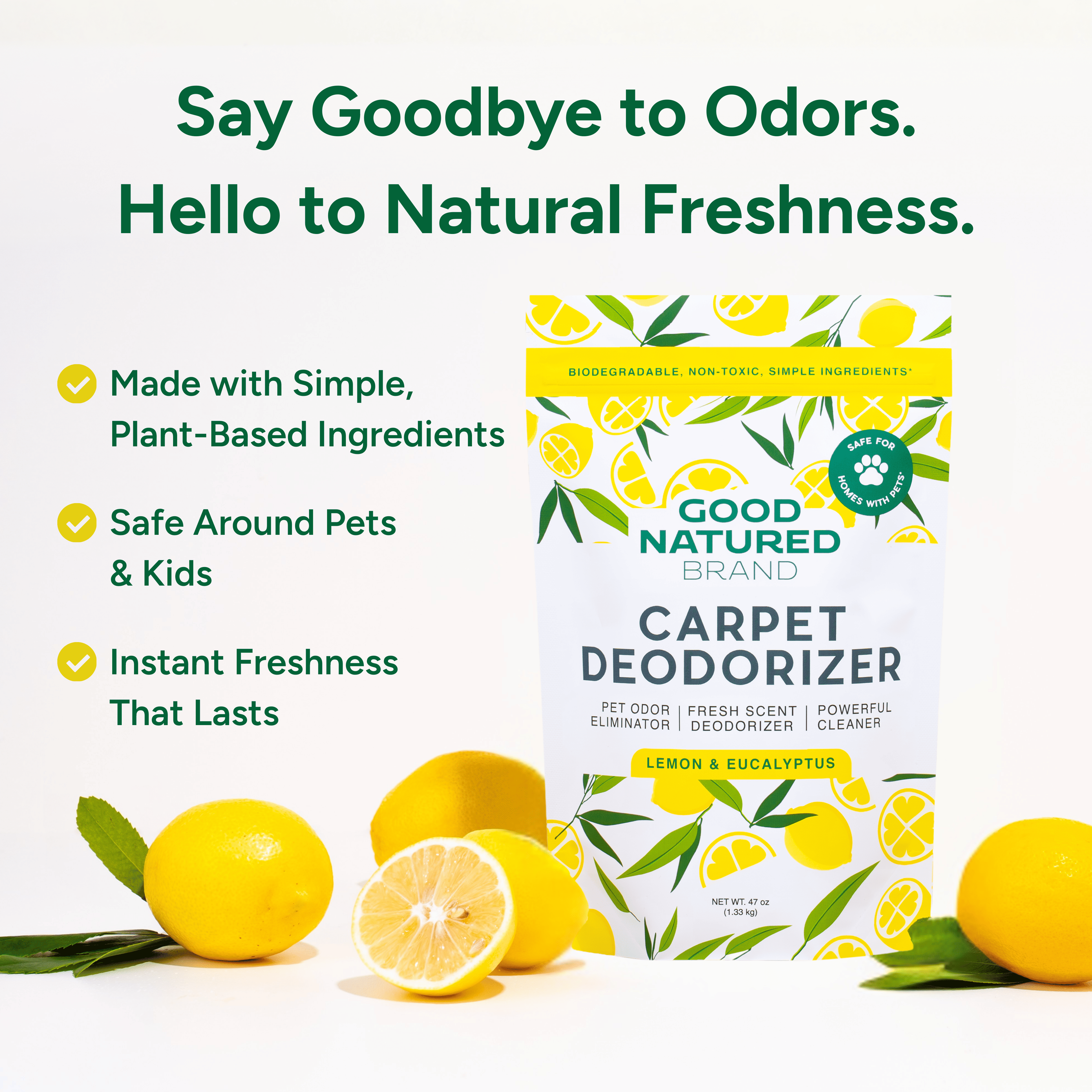 Good Natured Brand carpet deodorizer packaging with lemons and text about product benefits on a white background.