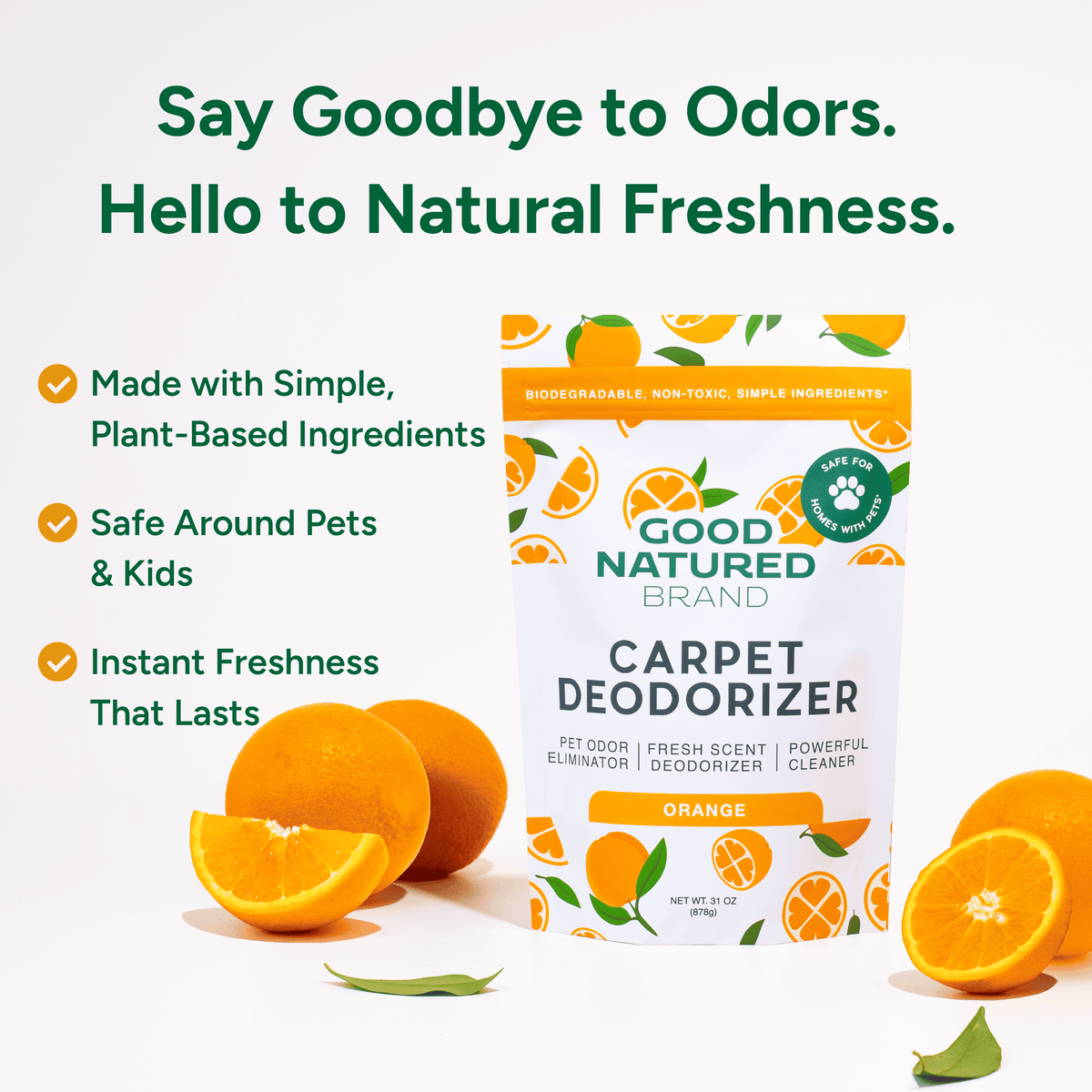 Good Natured Brand carpet deodorizer packaging with oranges on a white background