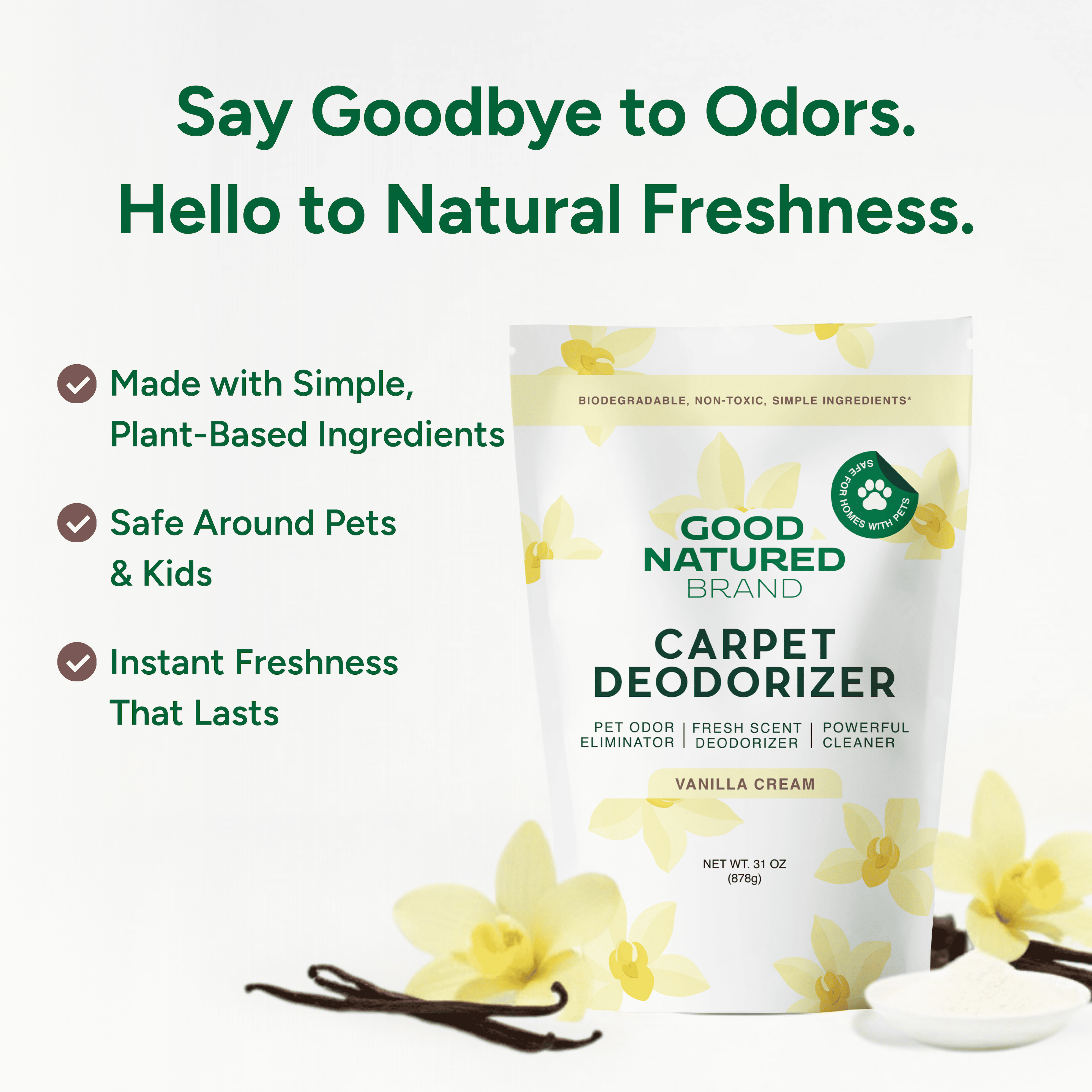 Good Natured Brand carpet deodorizer packaging with vanilla cream scent on a white background.