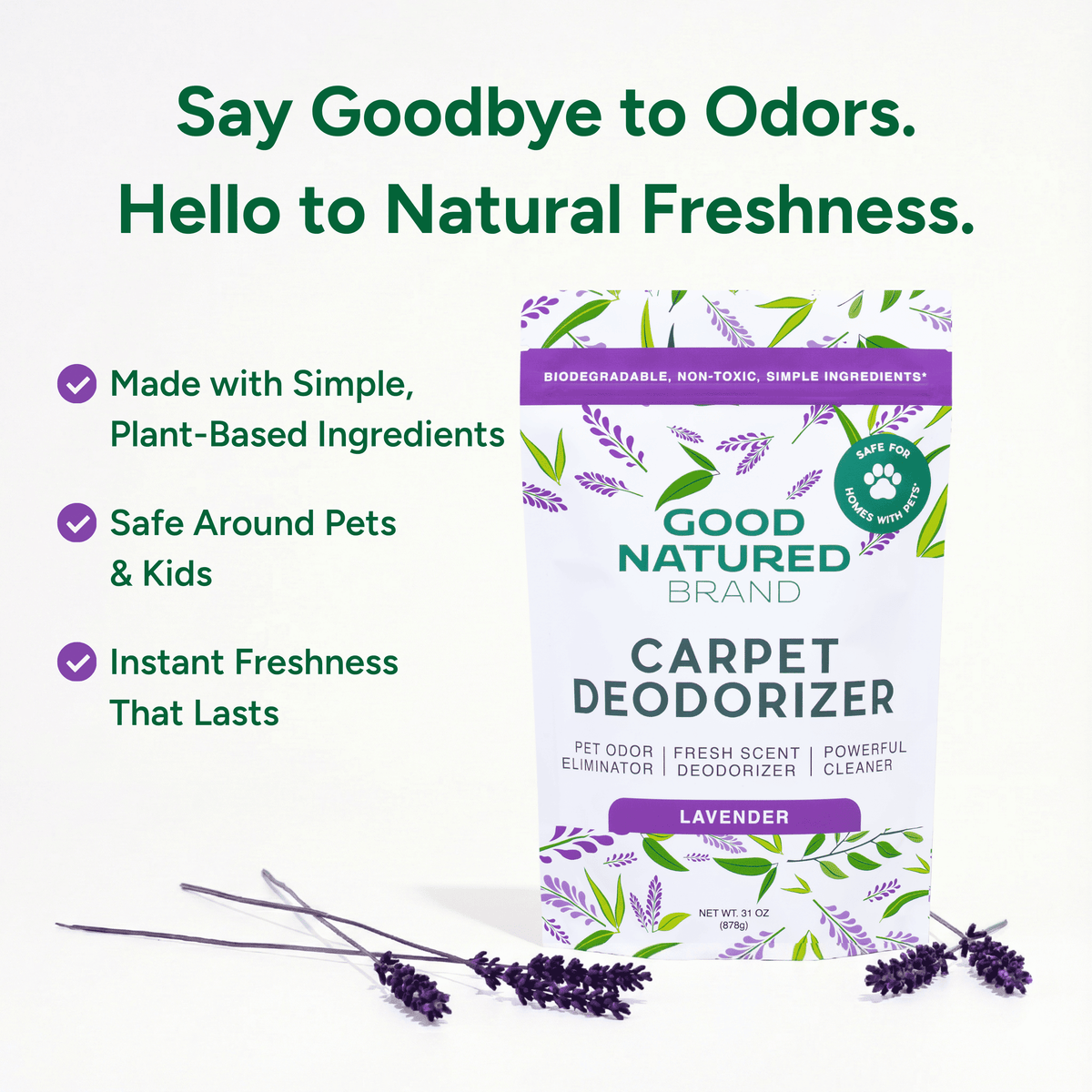 Good Natured Brand carpet deodorizer packaging with lavender scent on a white background