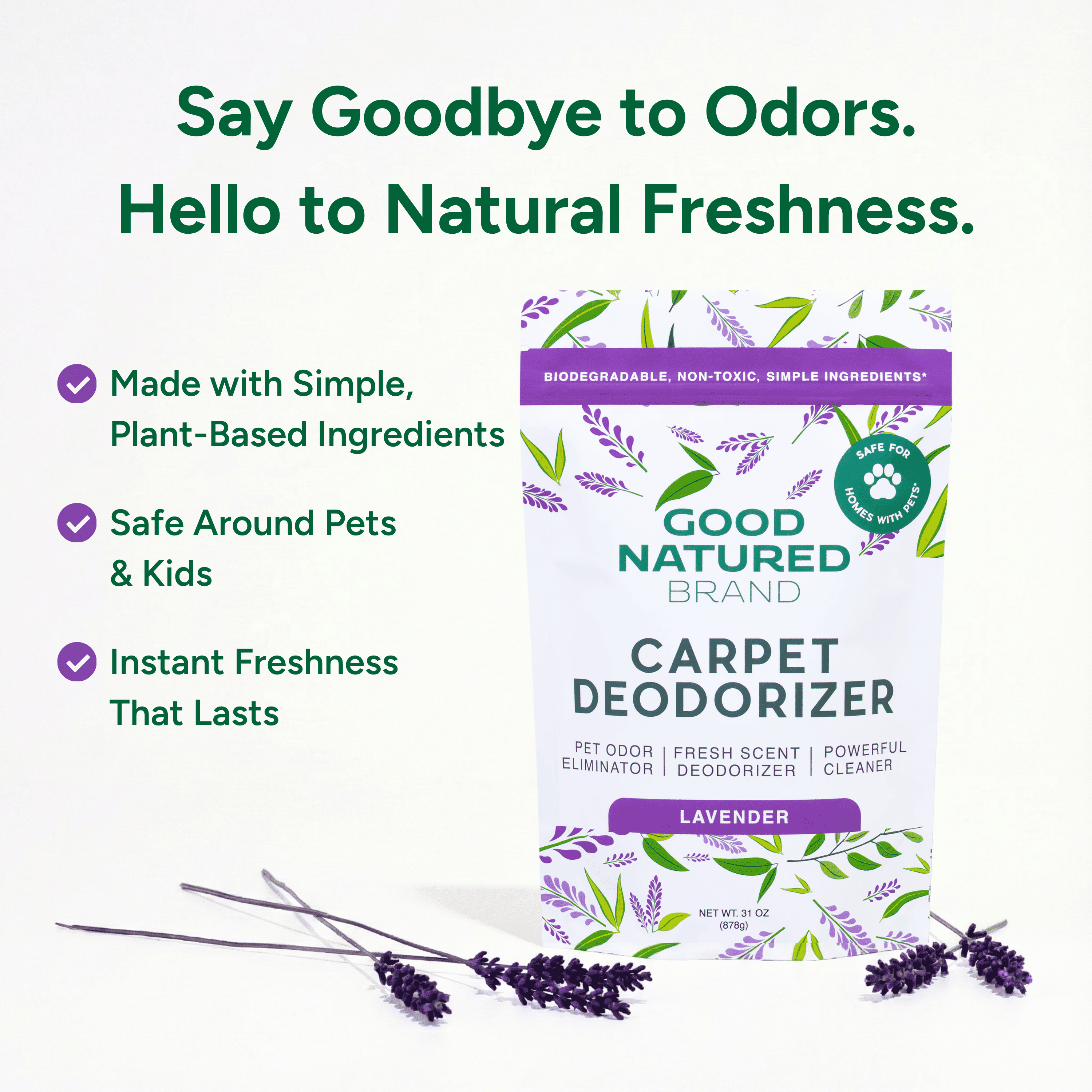 Good Natured Brand carpet deodorizer packaging with lavender scent on a white background