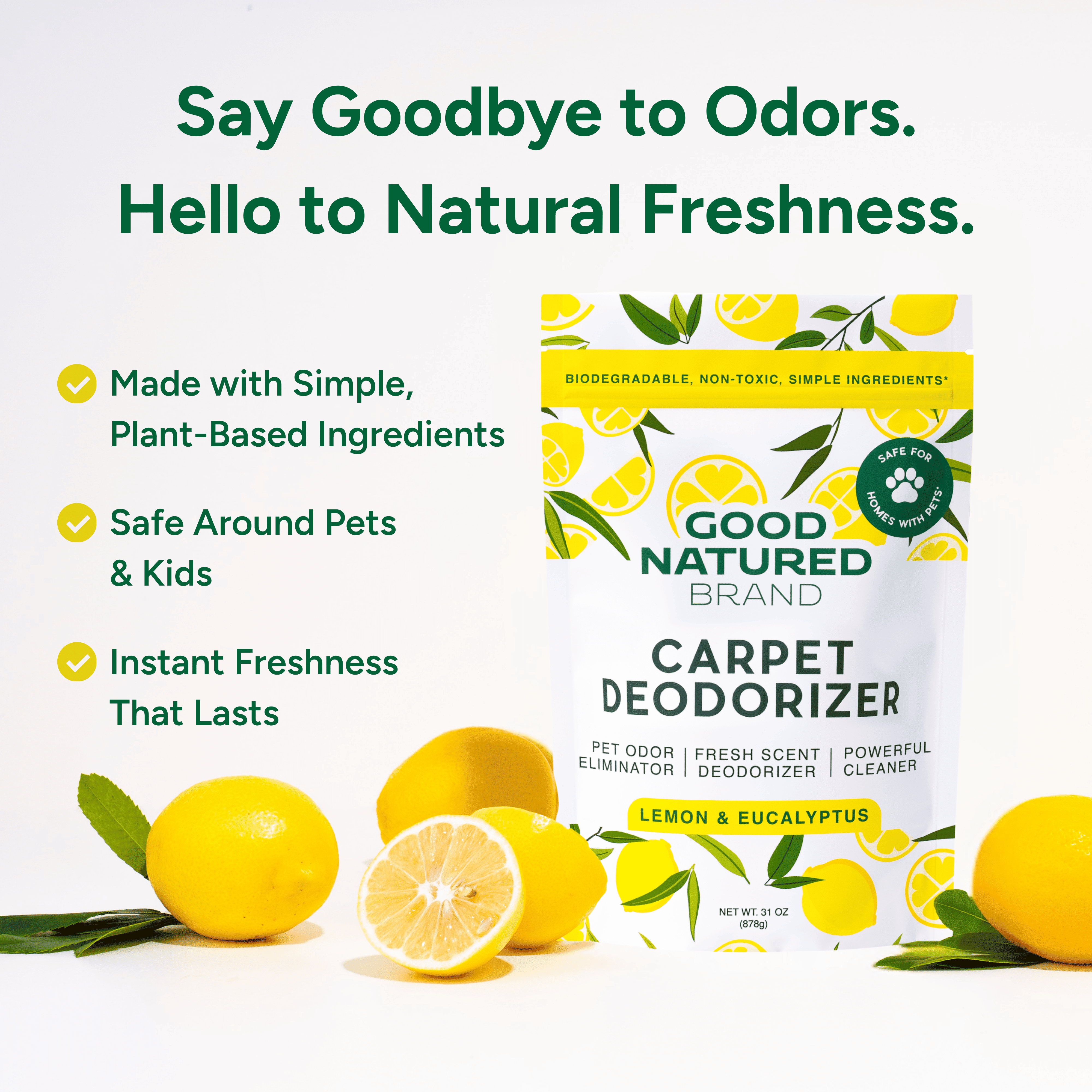 Good Natured Brand carpet deodorizer with lemon and eucalyptus packaging, surrounded by lemons on a light background.