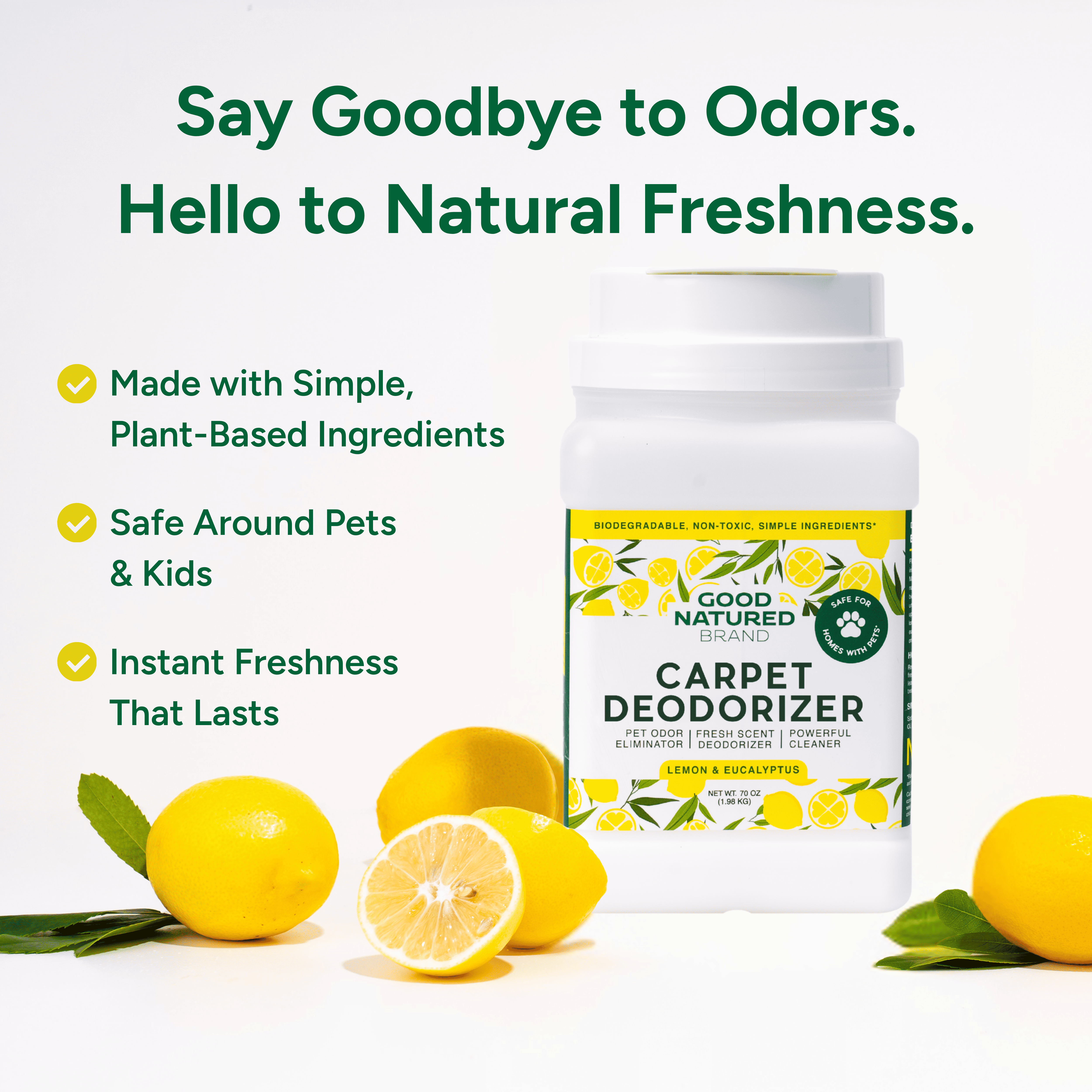Good Natured Carpet Deodorizer packaging with lemons on a light background