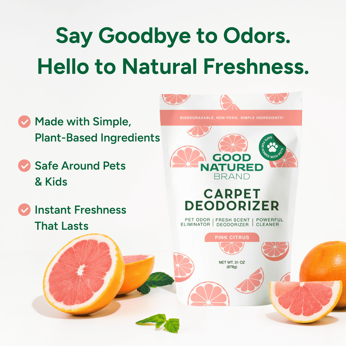 Good Natured Brand carpet deodorizer packaging with grapefruit slices on a white background