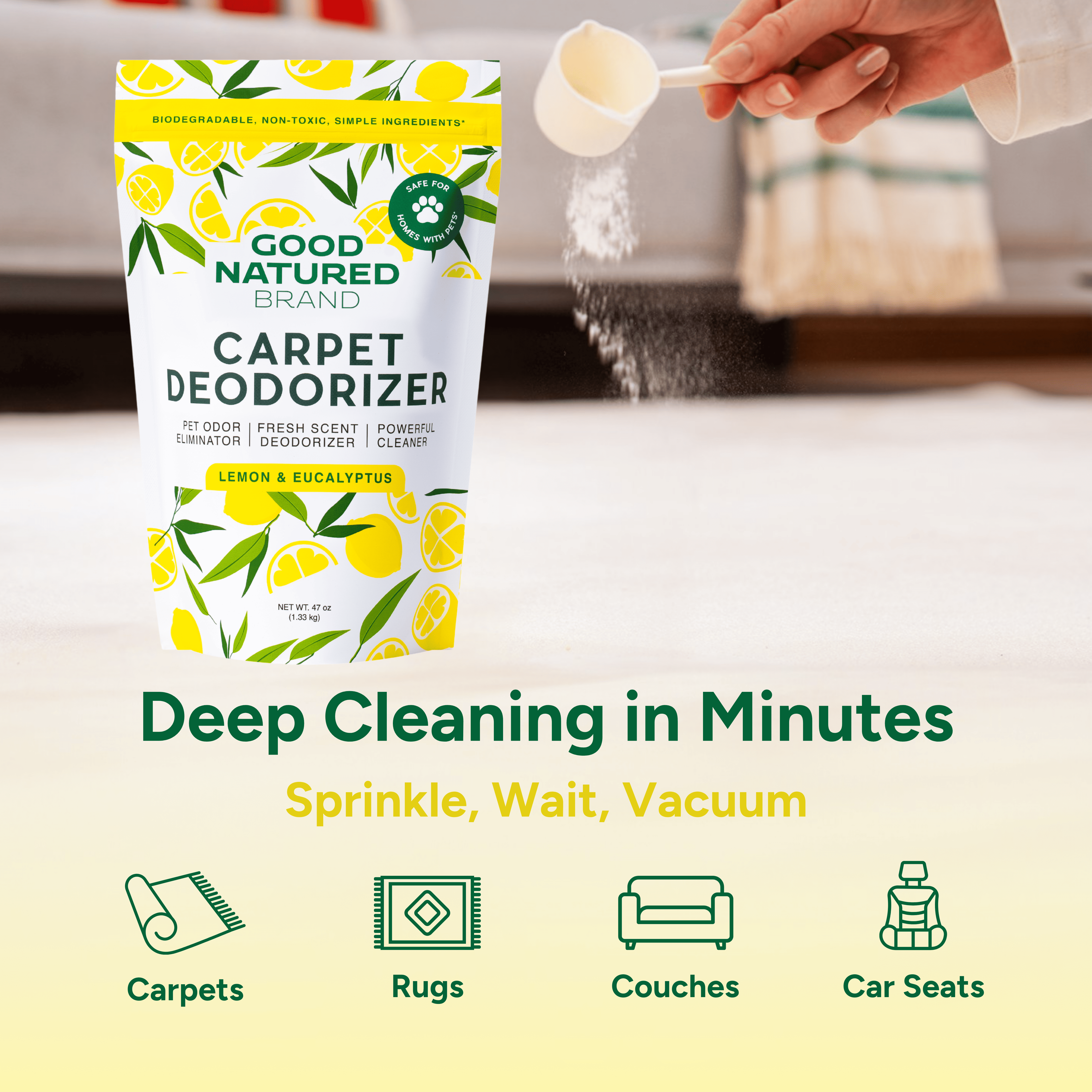 Good Natured Brand carpet deodorizer packaging with a hand using a measuring spoon, set against a kitchen background.
