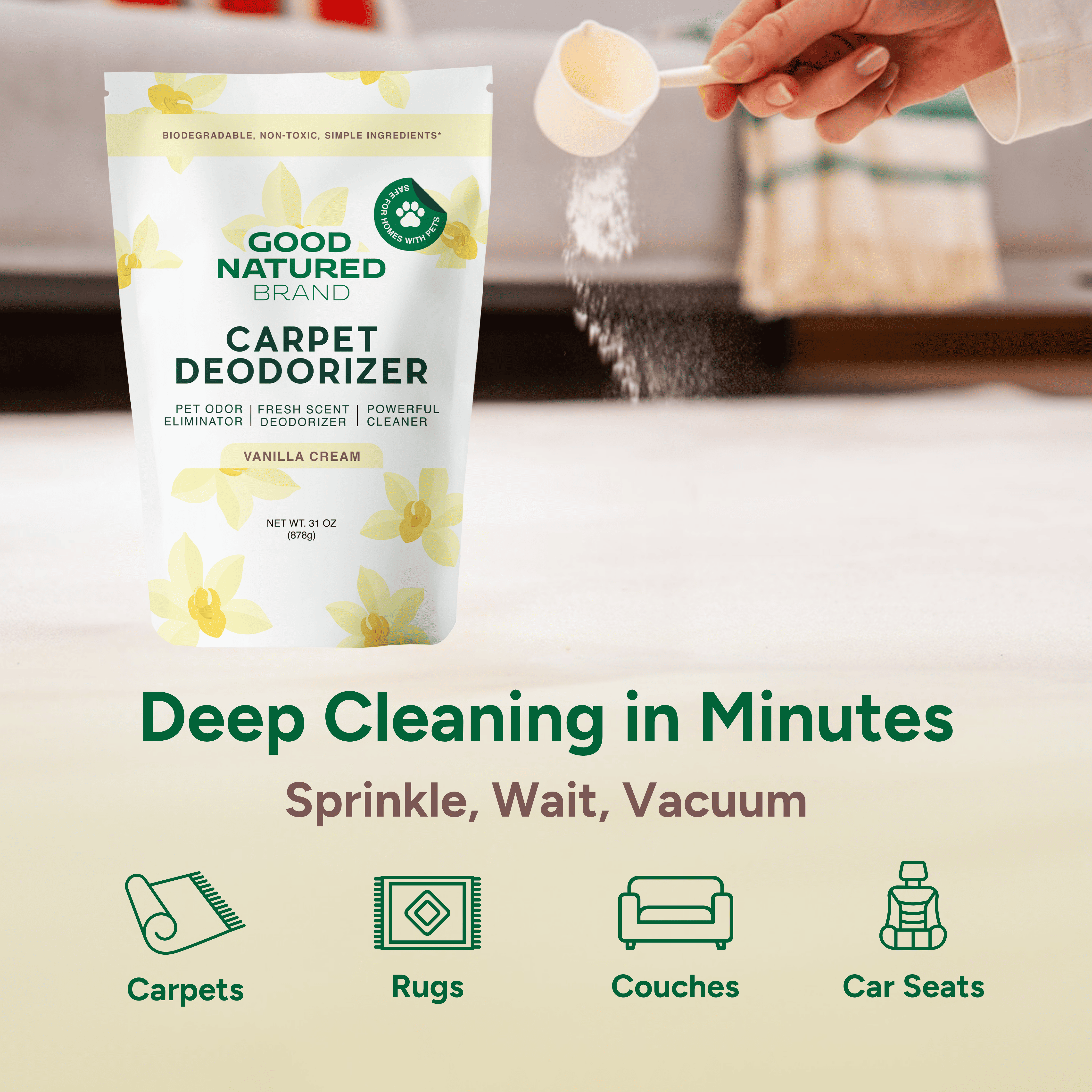 Good Natured Brand carpet deodorizer packaging with a hand using a scoop to sprinkle product, set against a neutral background.