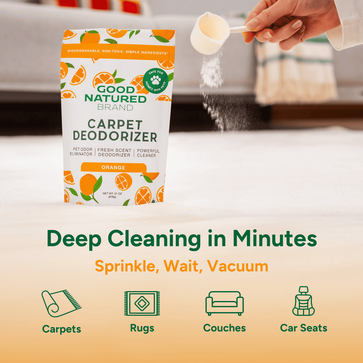Good Natured Brand carpet deodorizer packaging with a hand using a scoop on a carpet.