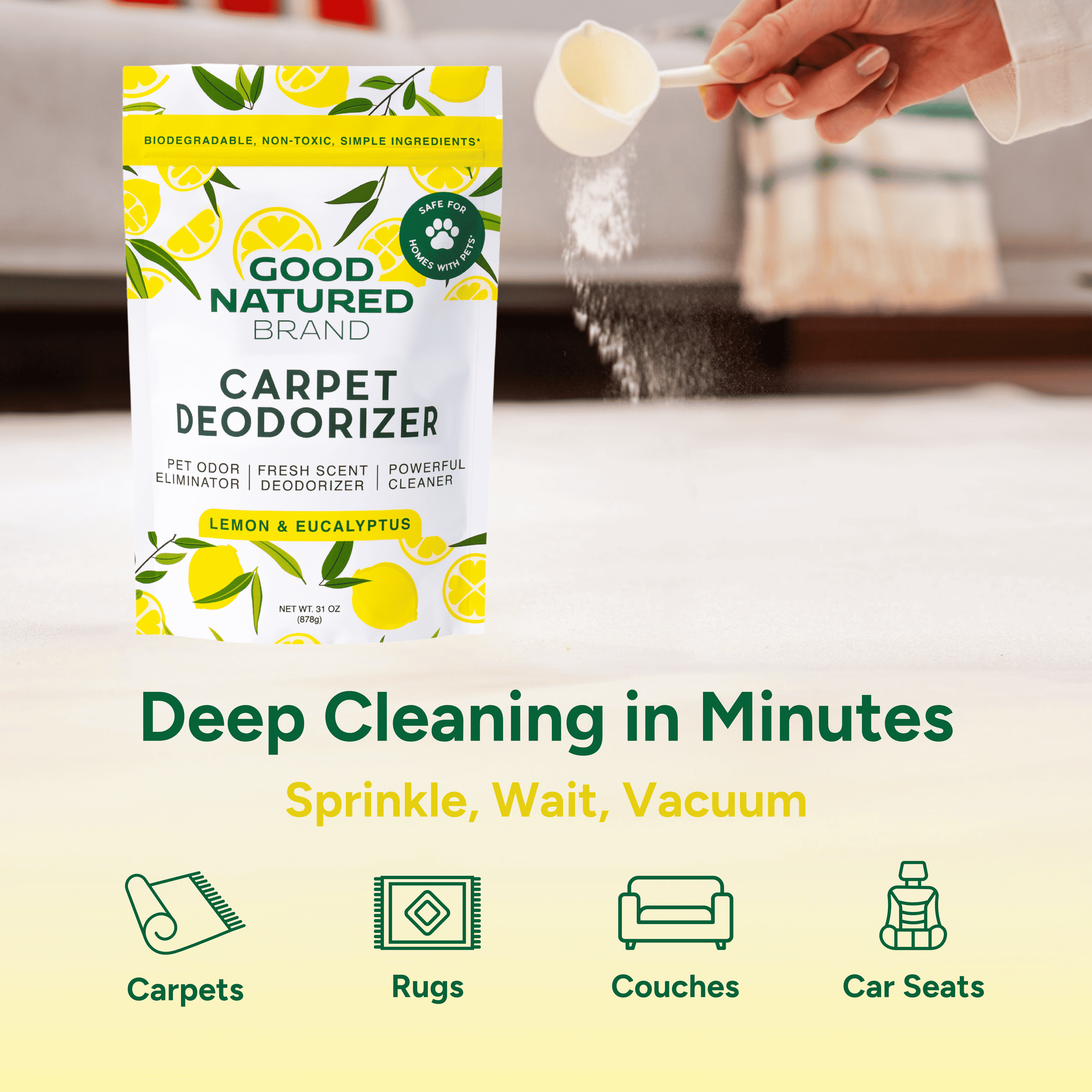 Good Natured Brand carpet deodorizer packaging with a hand using a measuring spoon, set against a kitchen background.