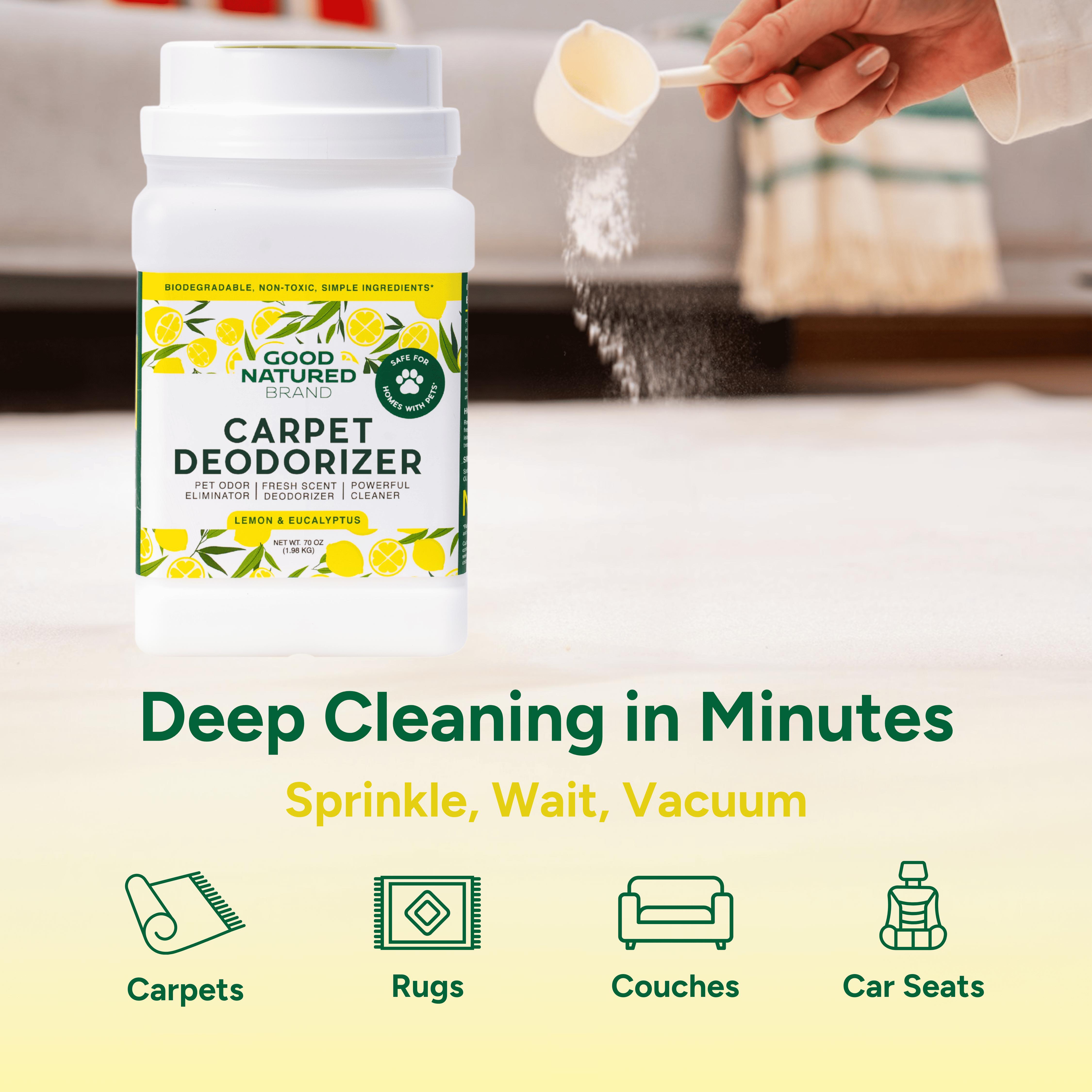 Good Natured Carpet Deodorizer being used on a carpet with text about deep cleaning.