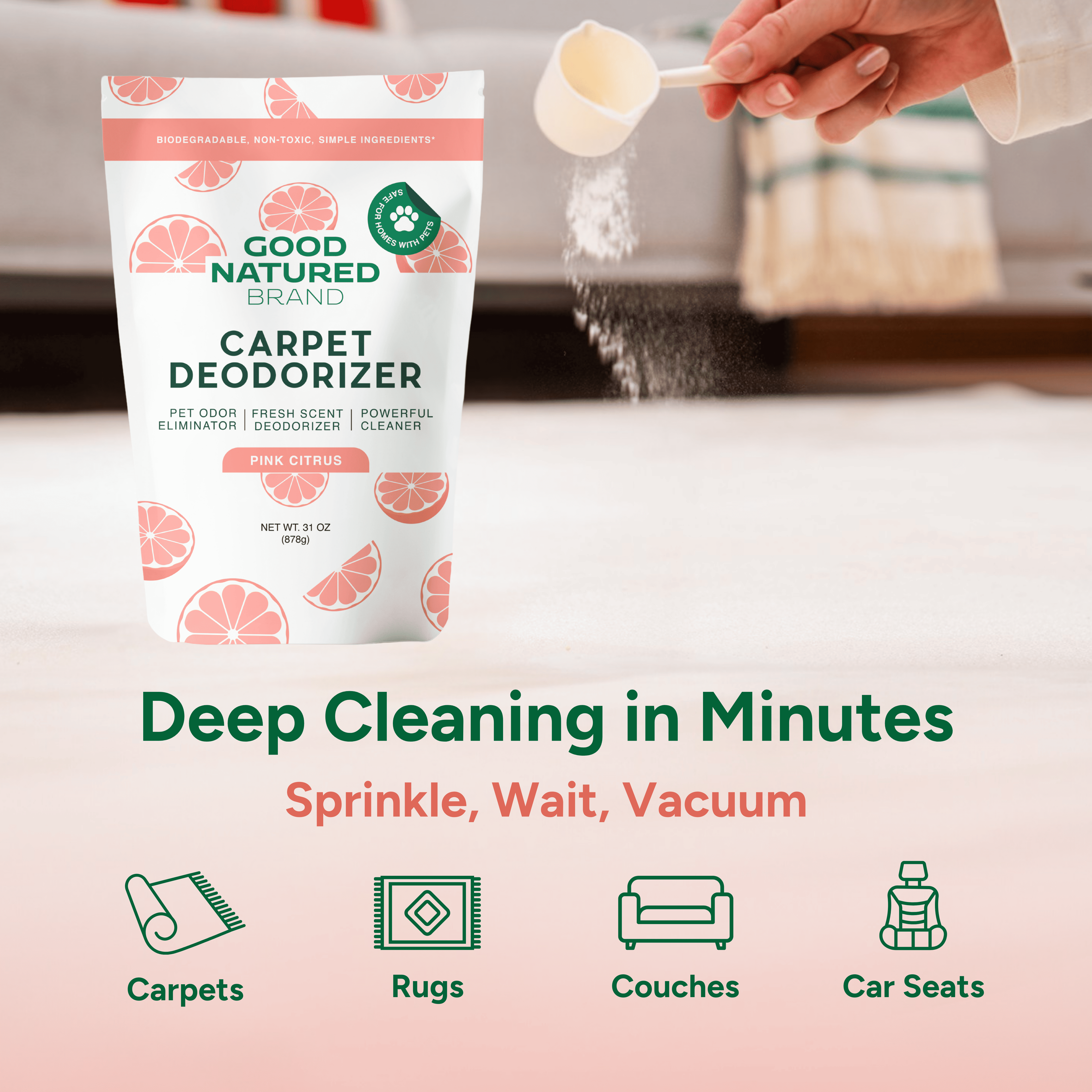 Good Natured Brand carpet deodorizer packaging with a hand using a measuring cup, set against a blurred kitchen background.
