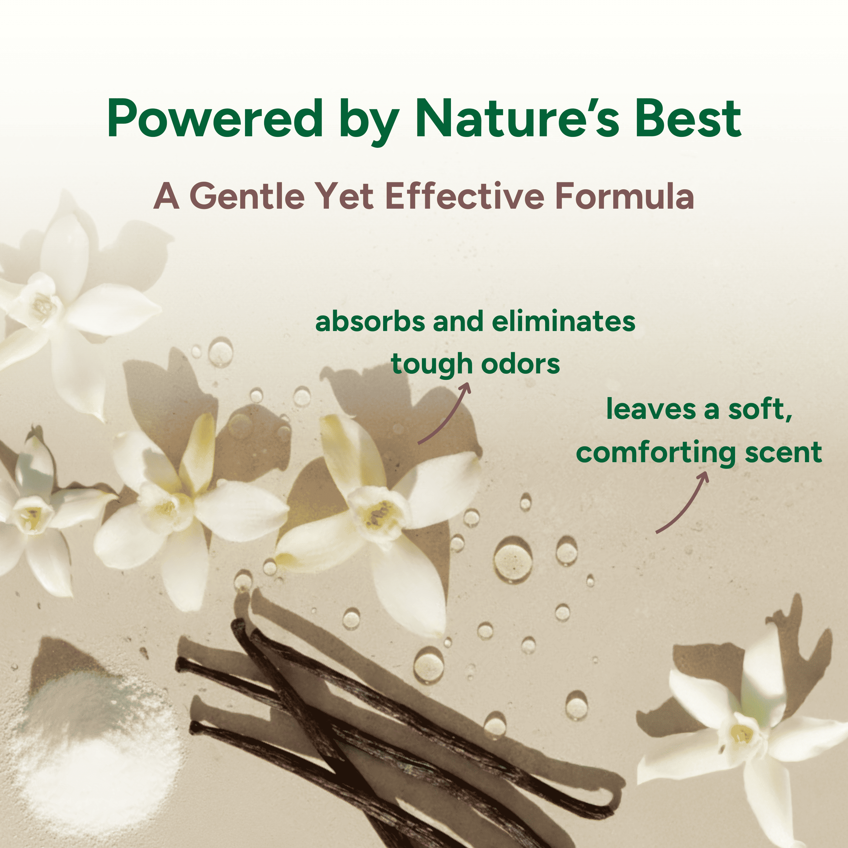 Product packaging with vanilla beans and flowers, labeled 'Powered by Nature's Best' and describing its effects.