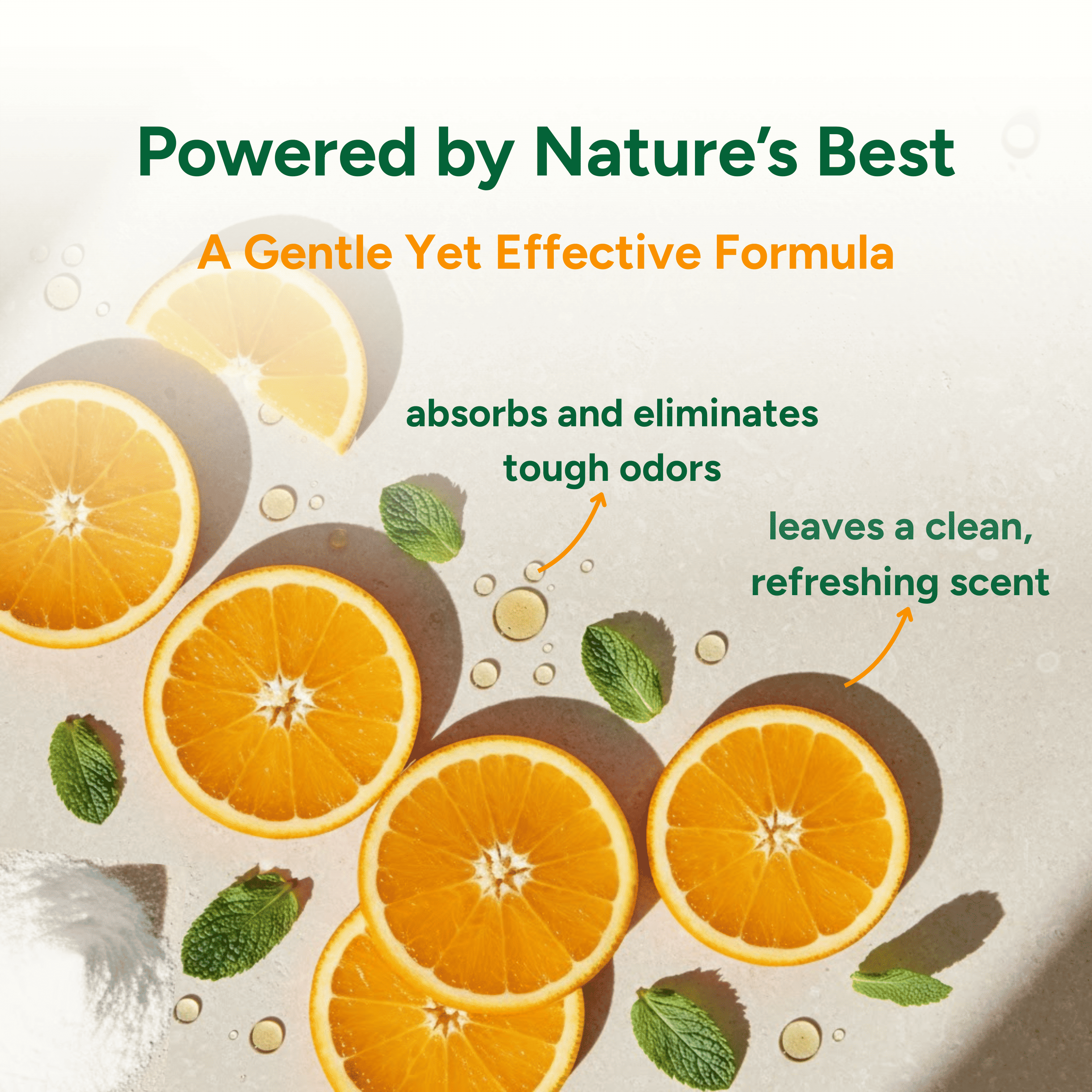 Sliced oranges and mint leaves with text about a natural product formula on a light background