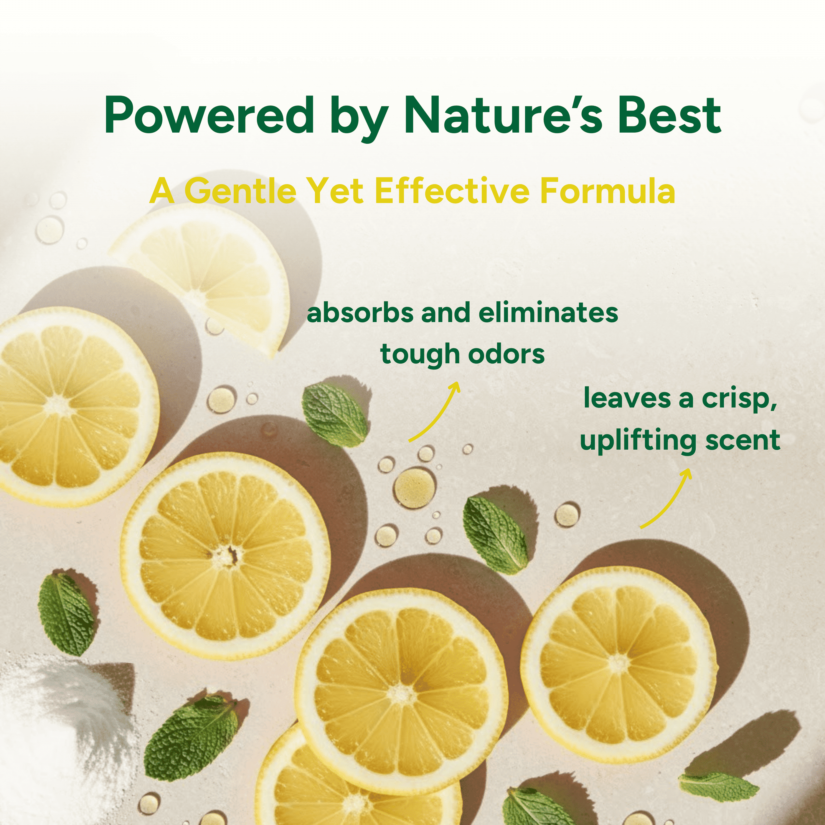 Product packaging with lemon slices and mint leaves, highlighting a natural scent and formula.