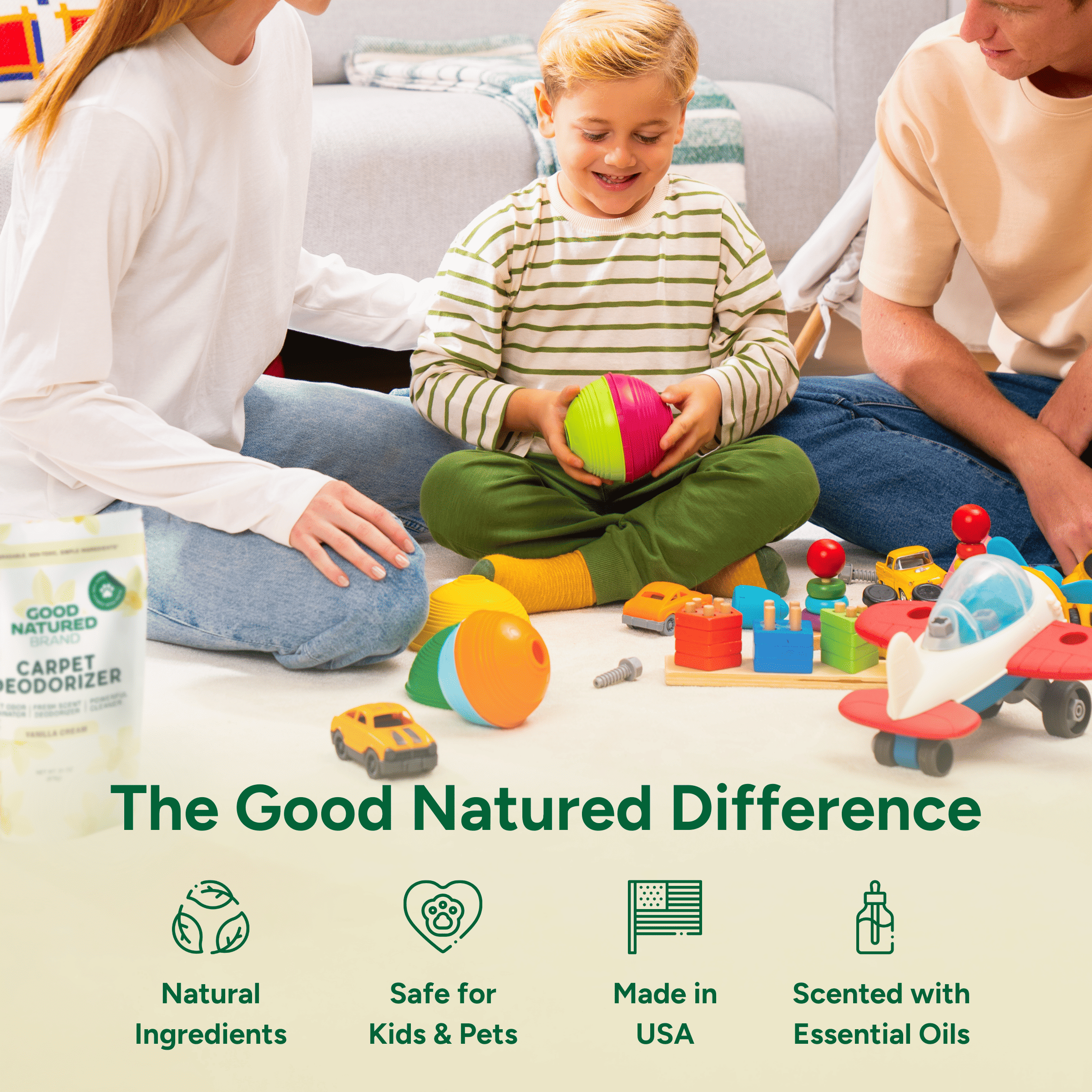 Family playing with toys on the floor, with a product labeled 'Good Natured' in the foreground.
