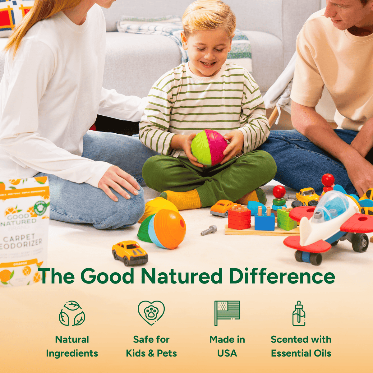 Family playing with toys on the floor, with a product labeled 'The Good Natured Difference' in the foreground.