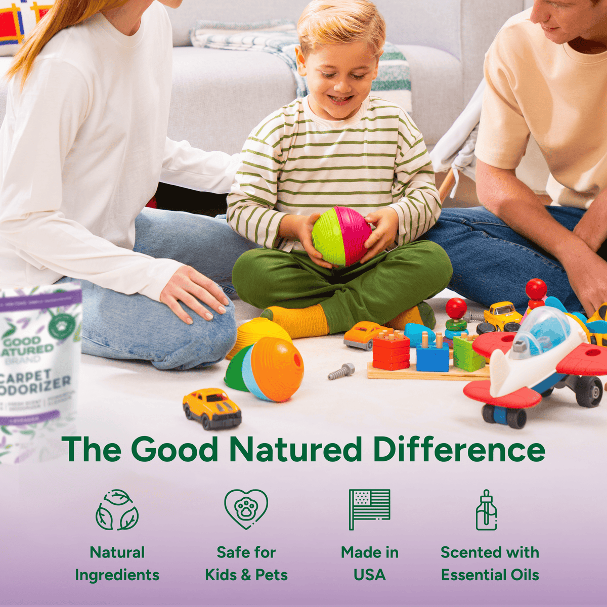 Family playing with toys on the floor, with a product of Good Natured Brand in the foreground.