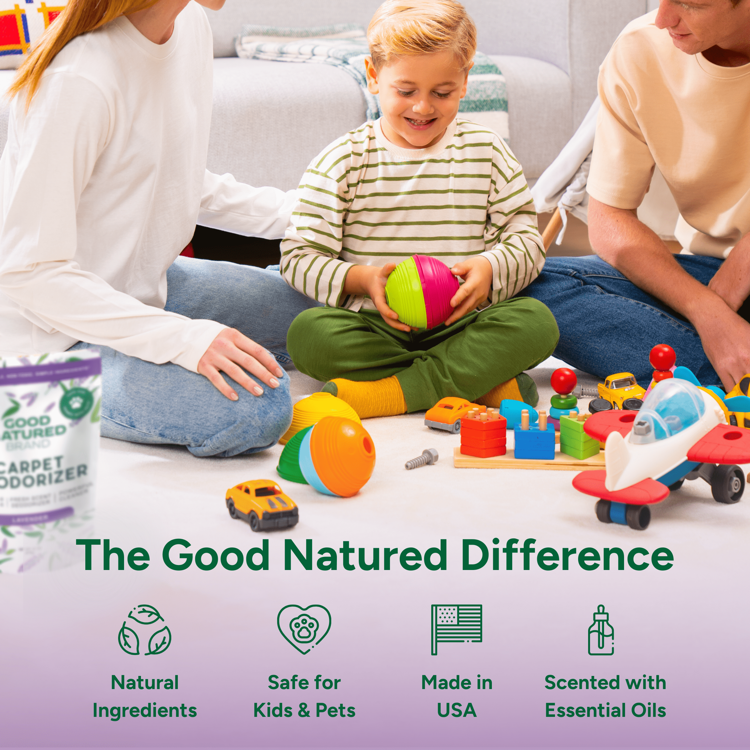 Family playing with toys on the floor, with a product of Good Natured Brand in the foreground.