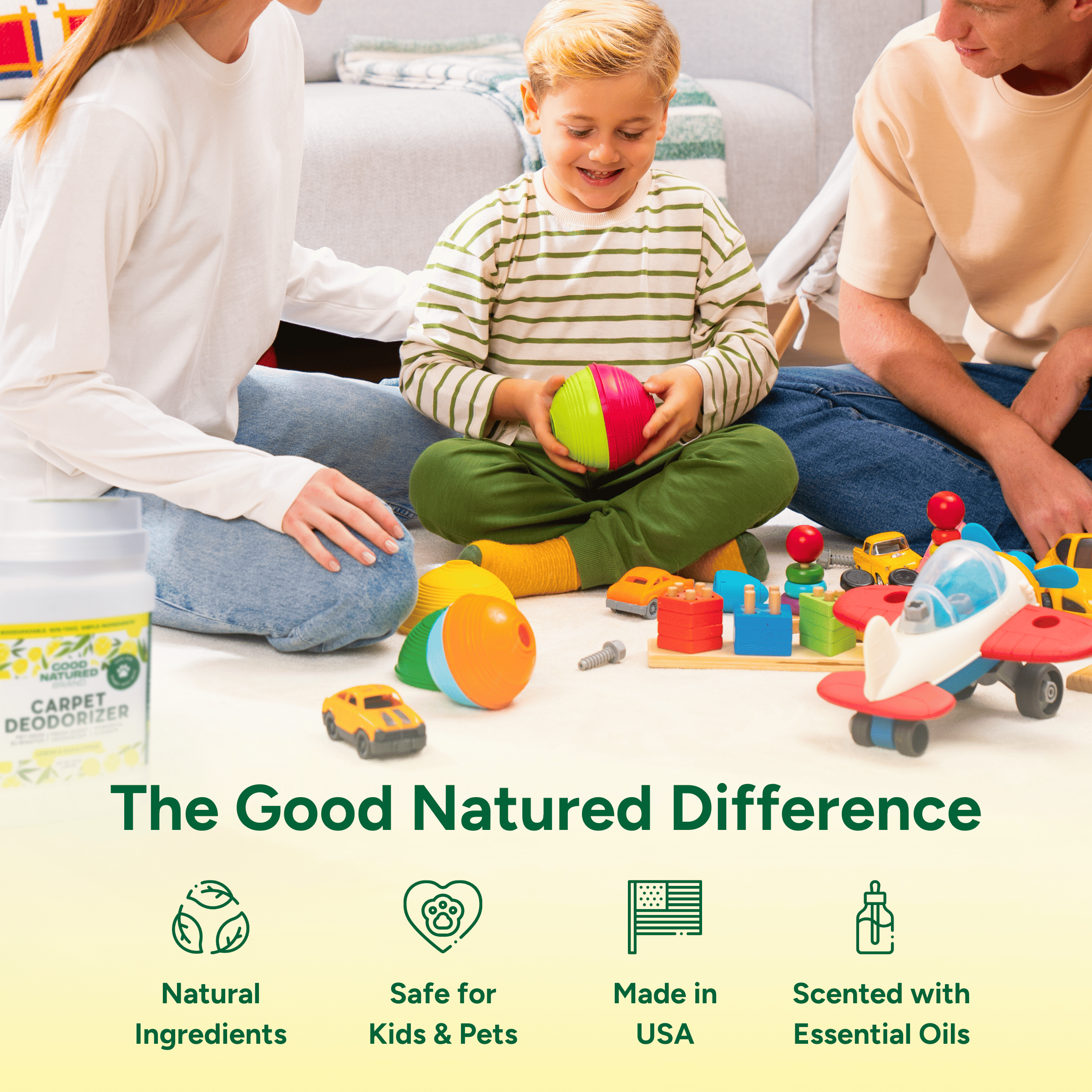 Family playing with toys on the floor, with a product labeled 'The Good Natured Difference' in the foreground.