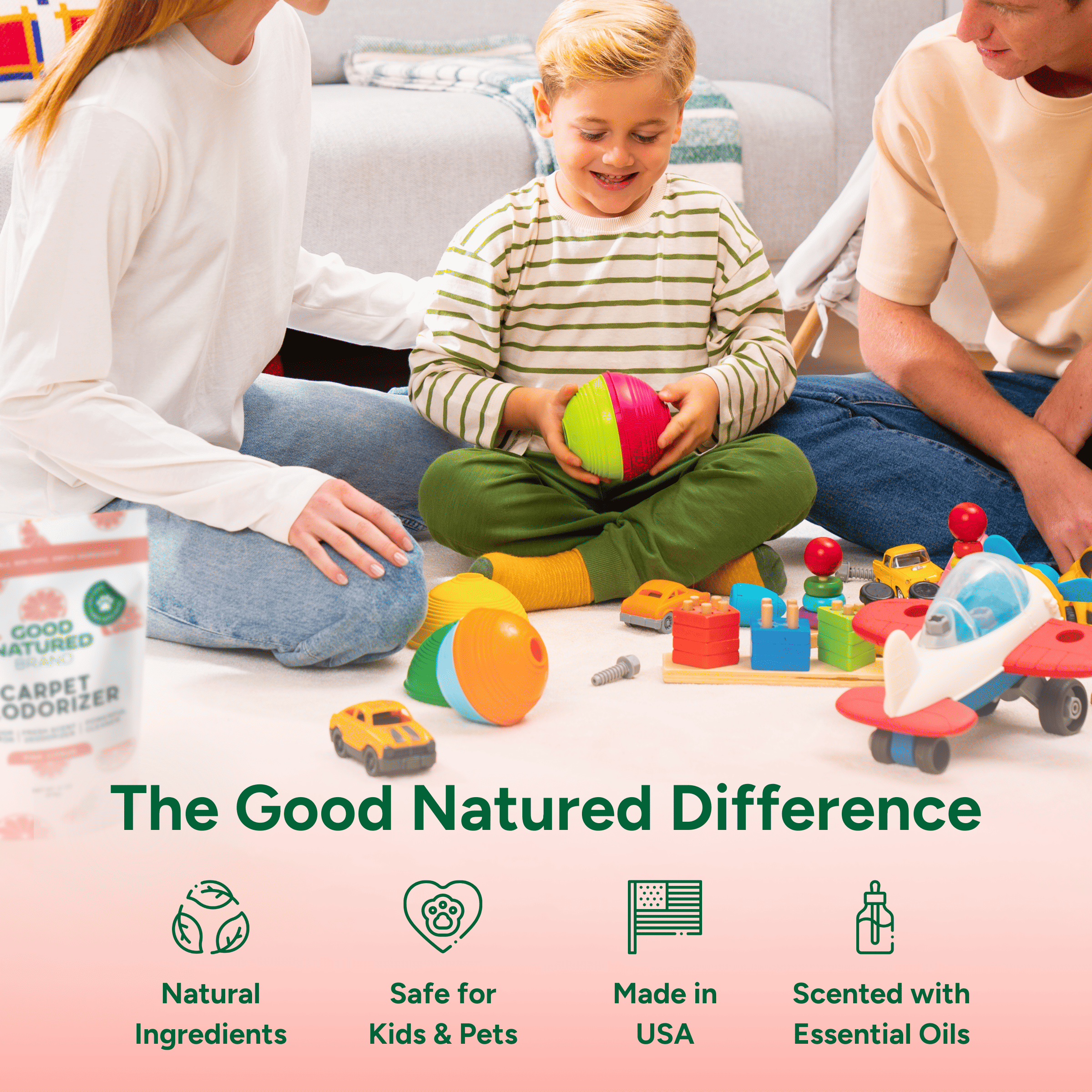 Family playing with toys on the floor, with a product packaging in the corner, featuring text about product benefits.
