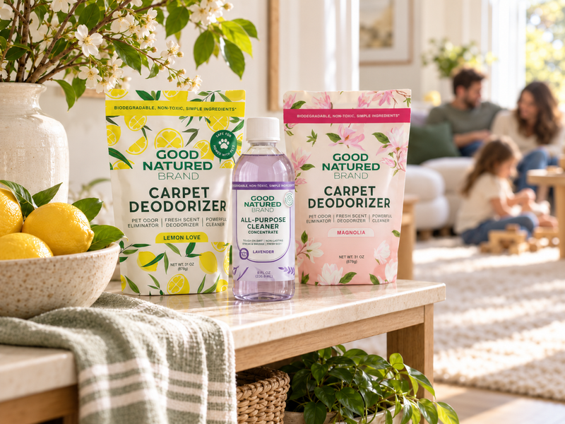 Good Natured Brand Freshener Powder, Laundry Powder and All-Purpose Cleaner on a bright kitchen counter